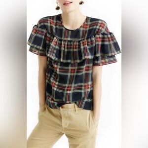 J Crew Edie Stewart Plaid Ruffle Short Sleeve Top, Size 6